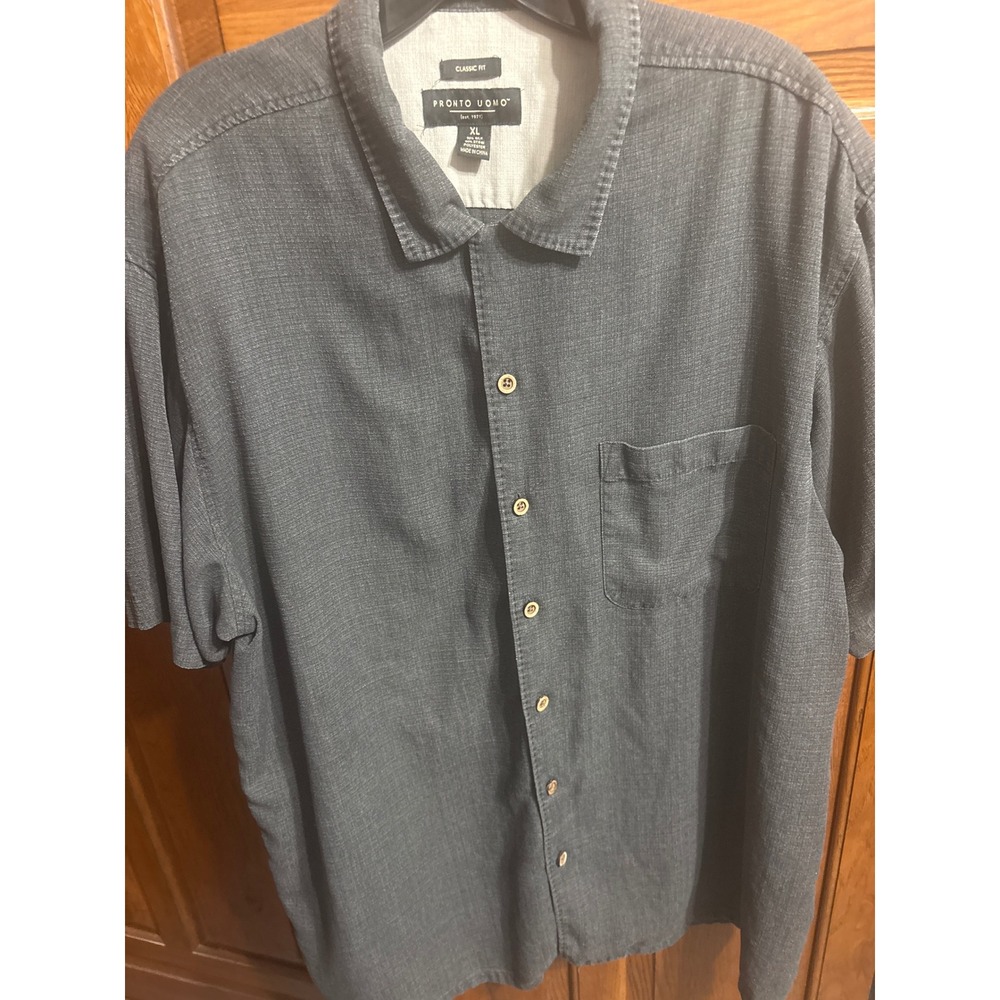 Pronto Uomo Mens XL Silk‎ Blend Short Sleeve Button Down Shirt Charcoal Gray Fit